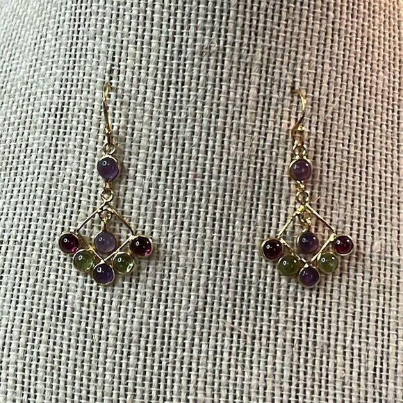Multi Gemstone, Amethyst, Peridot, Garnet Gold over Silver Dangle Earrings - Picture 5 of 10